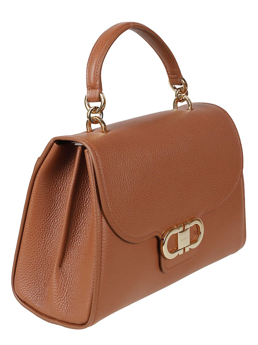 Ferragamo Structured Handbag In Smooth Pebbled Leather With Gold-Tone Clasp