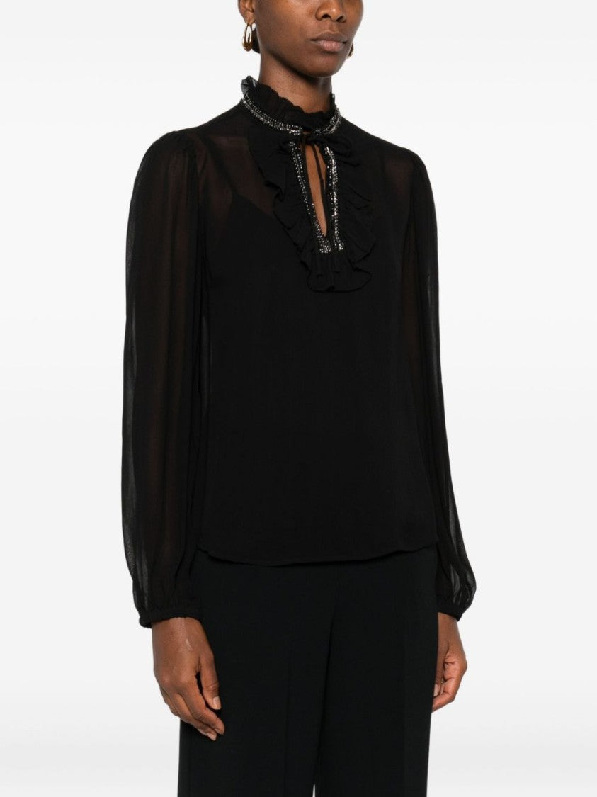 Twin-Set Ruffled Black Blouse With Bead Embellishments