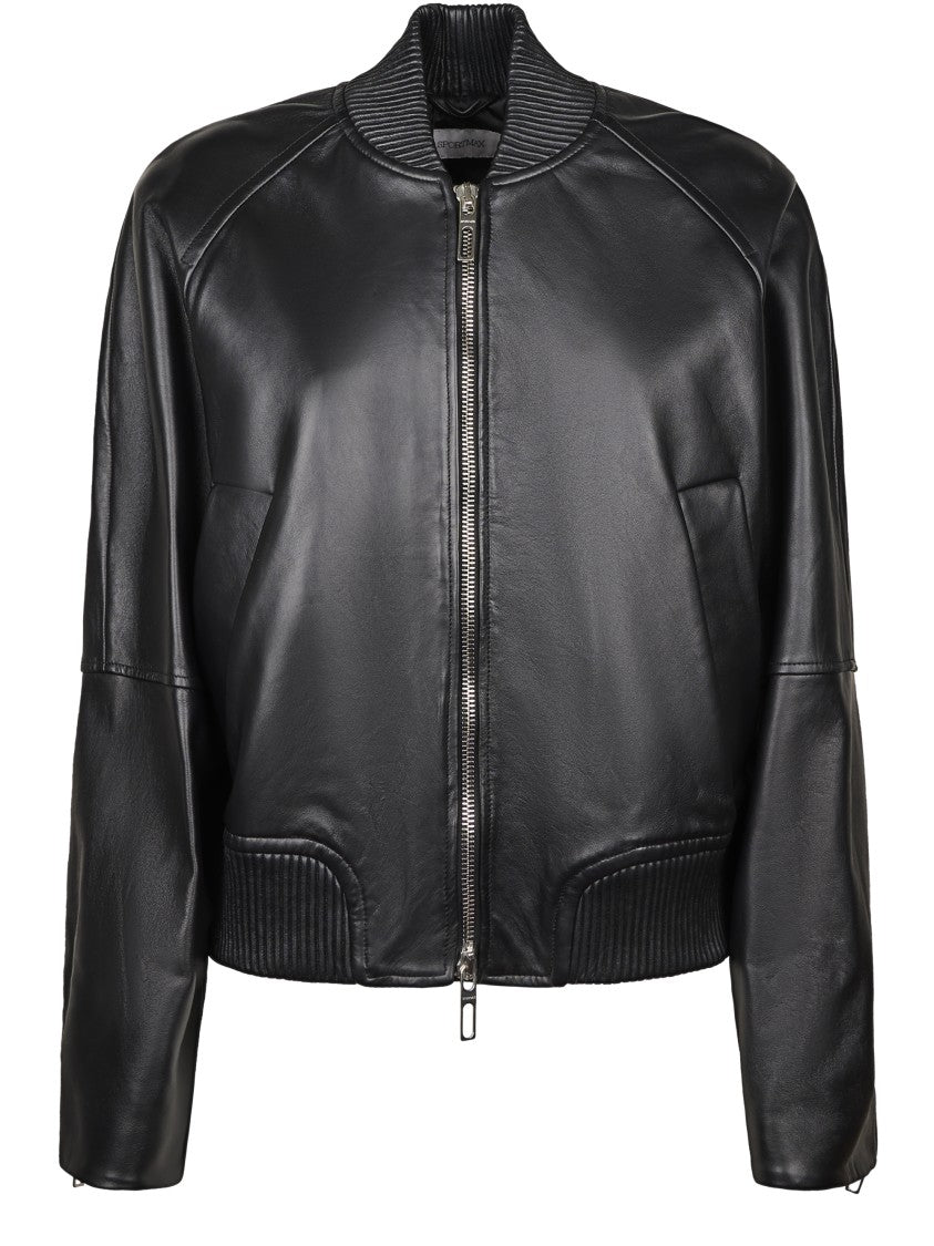 Sportmax Minimalistic Black Leather Coat With Zipper Closure And Ribbed Details
