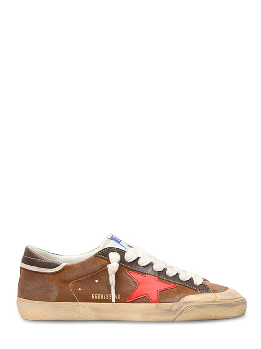 Golden Goose Distressed Brown Leather Sneakers With Red Star Accent