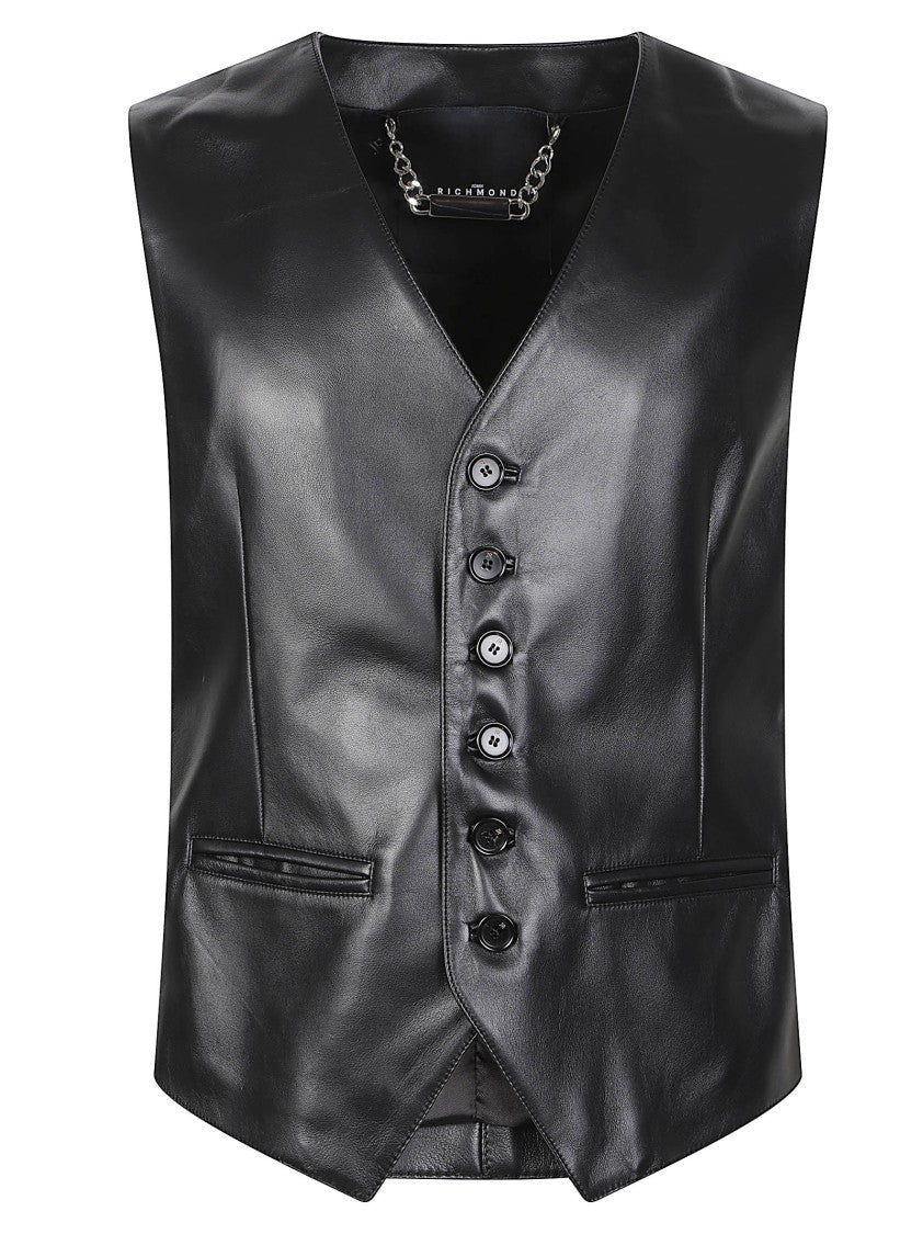 John Richmond Disat Deep V-Neck Calf Leather Vest