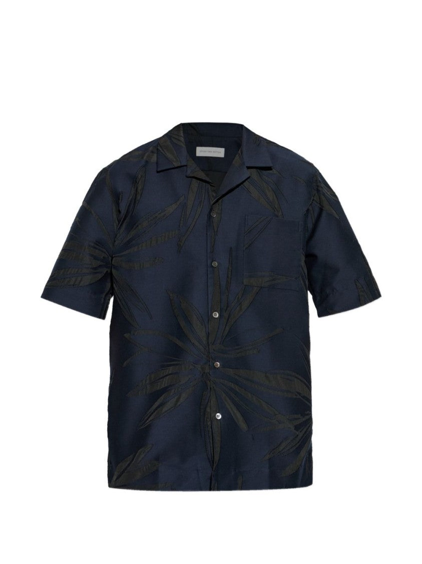 Dries Van Noten Blue Leaf Pattern Camp Collar Shirt