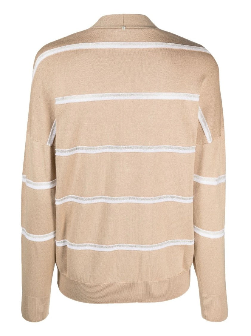 Lorena Antoniazzi White V-Neck Striped Cotton-Blend Cardigan