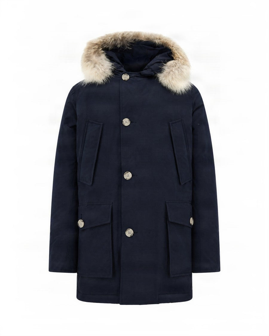 Woolrich Navy Parka With Detachable Coyote Fur Trim And Protective Hood