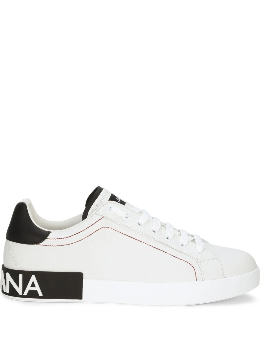 Dolce & Gabbana White Low-Top Red Stitching Leather Sneakers
