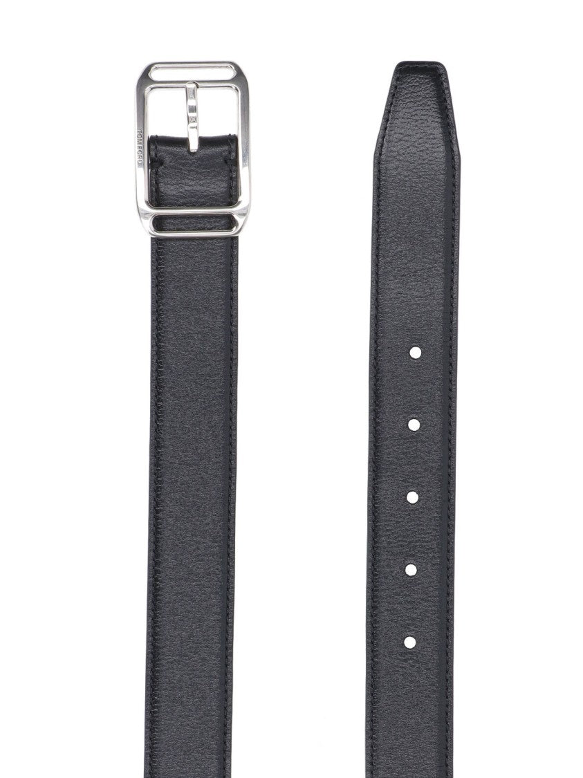Tom Ford Polished Silver Buckled Black Leather Belt