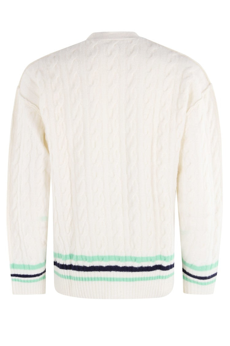 Lacoste Braided Wool Blend Pullover With Contrasting Stripes
