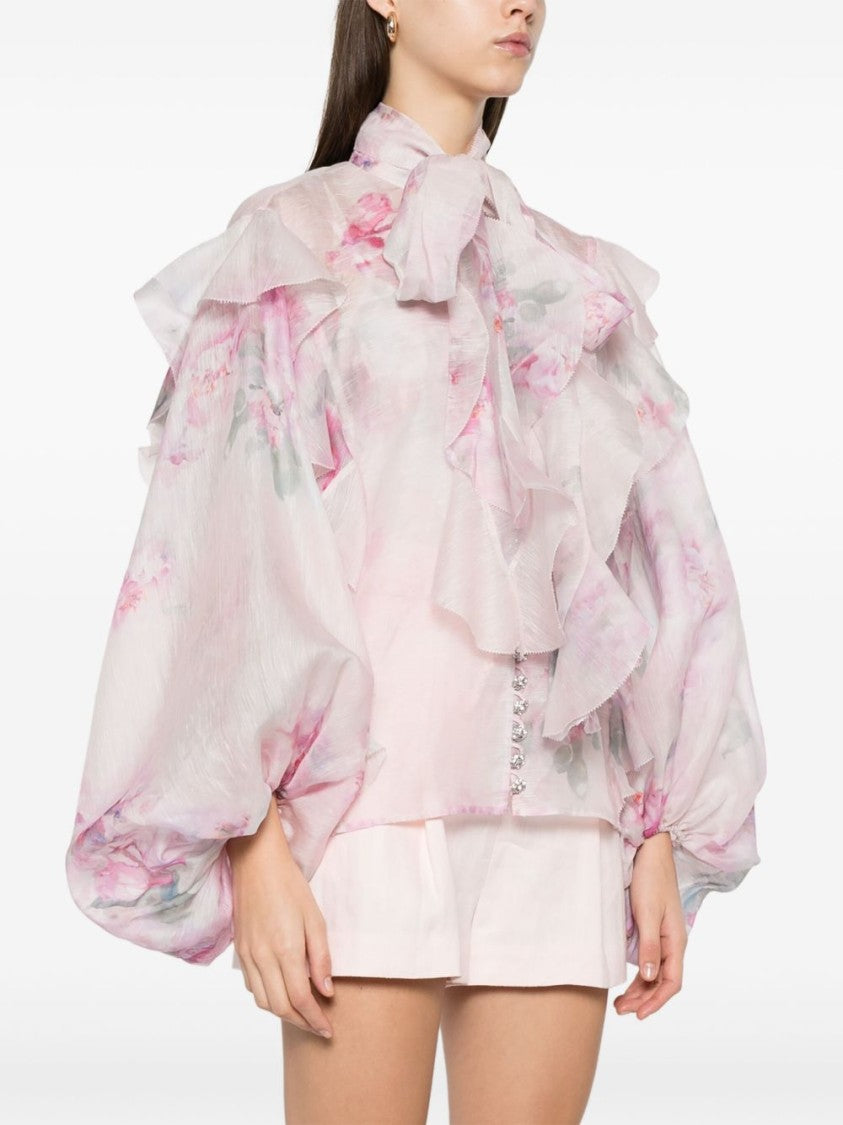 Zimmermann Ruffled Floral High Neck Shirt