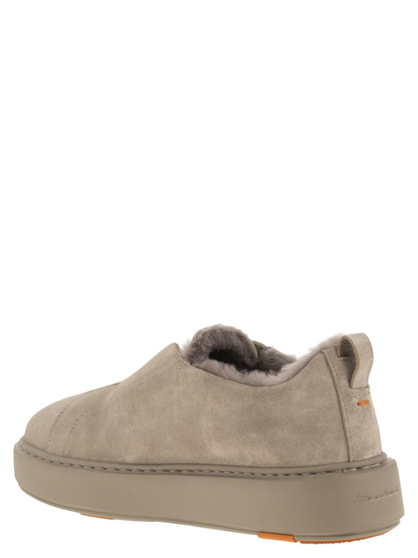 Santoni Slip-On Suede Sneakers With Fur