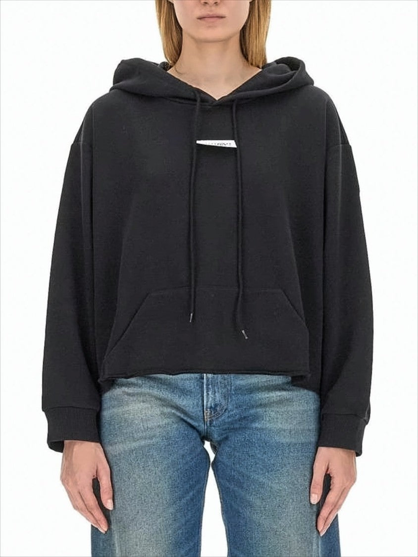 Mm6 By Maison Margiela Cropped Black Hoodie With Drawstring And Modern Aesthetic