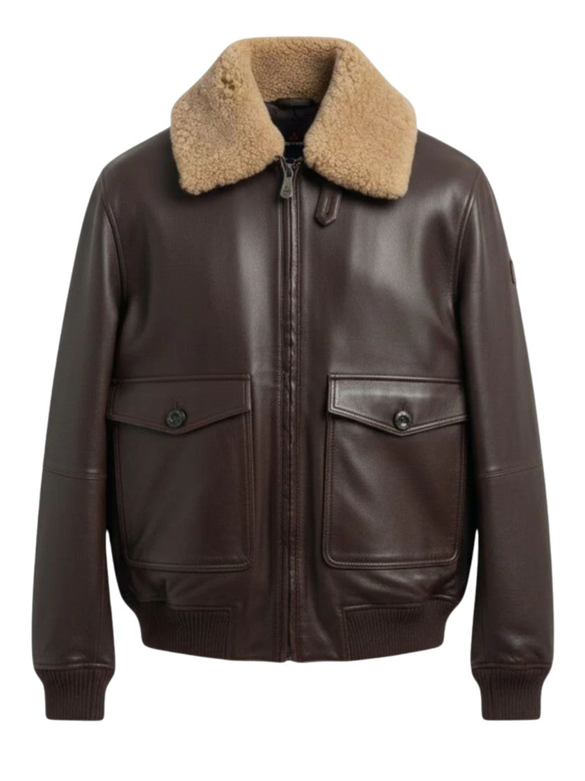 Peuterey Brown Leather Jacket With Shearling Collar And Ribbed Details