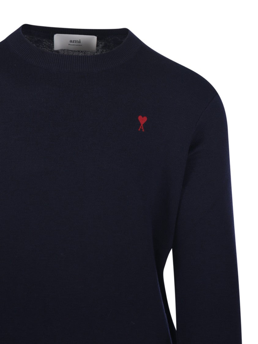 Ami Merino Wool Round Neck Sweater With Heart Detail