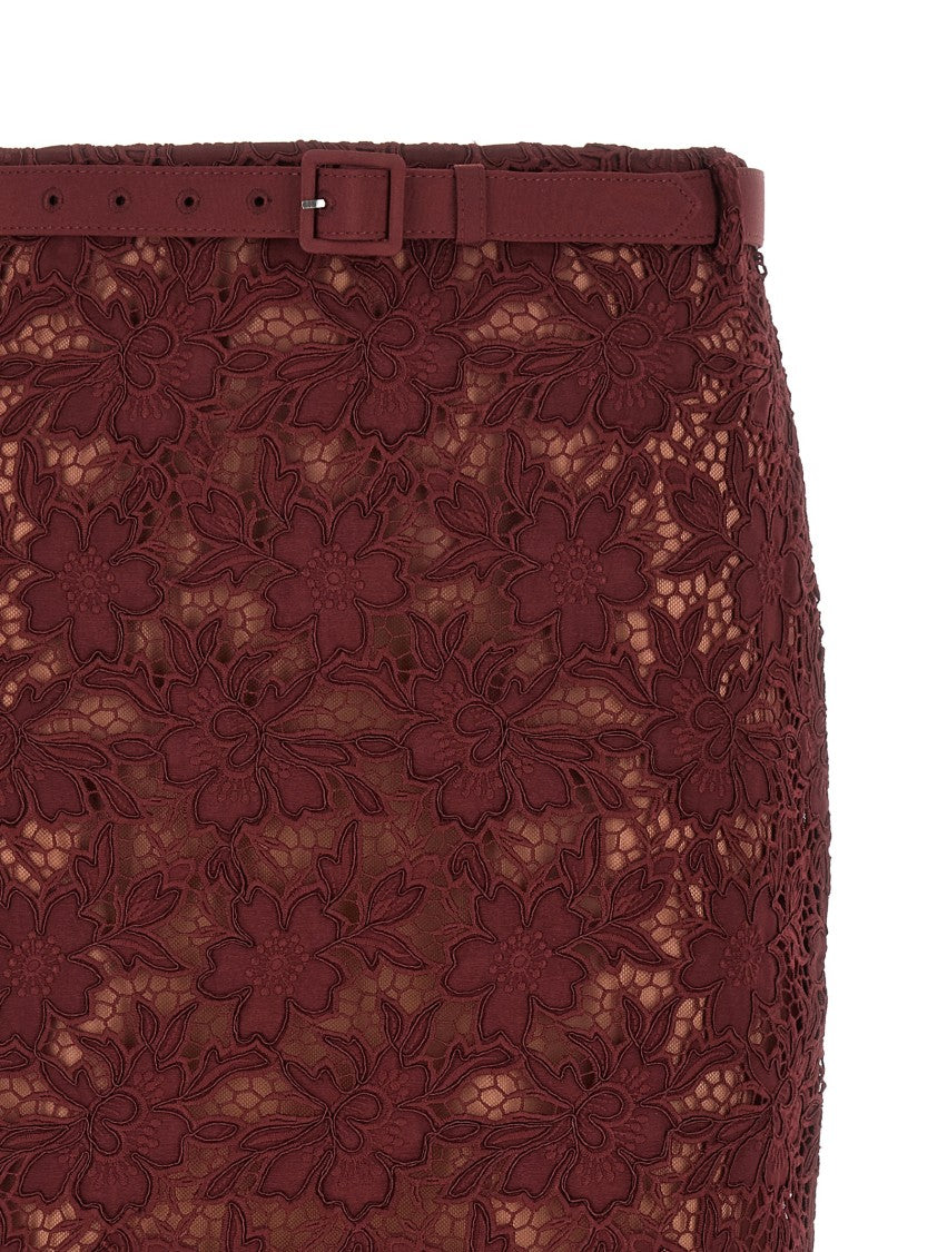 Self-Portrait 'Burgundy Guipure Lace Midi' Skirt