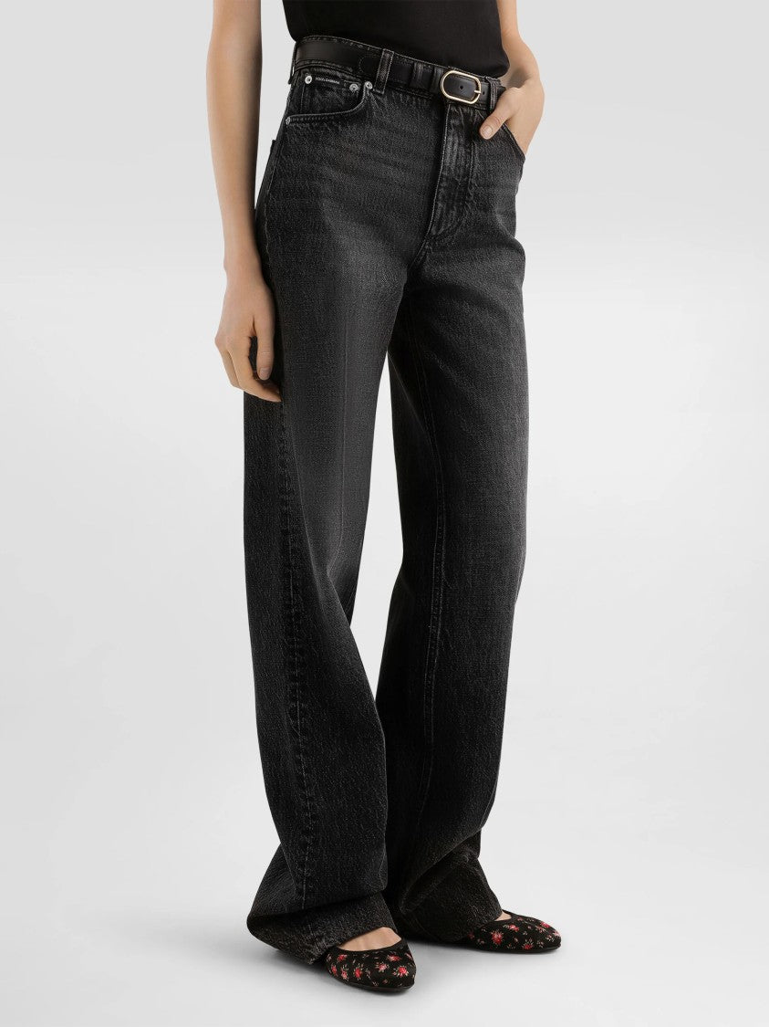 Dolce & Gabbana High-Waisted Wide-Leg Washed Black Jeans