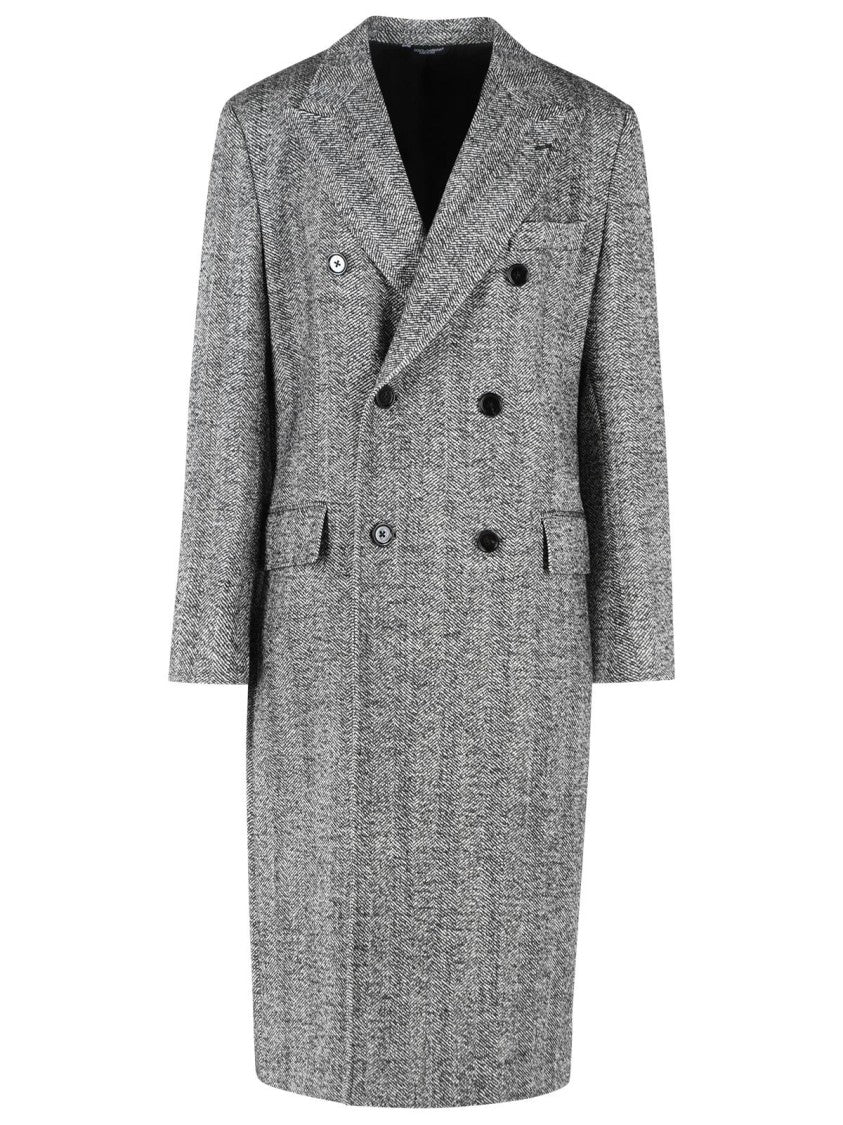 Dolce & Gabbana Grey Fantasia Double-Breasted Virgin Wool Long Coat