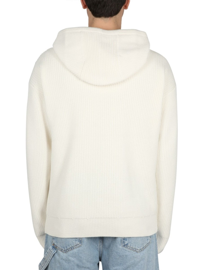 Drôle De Monsieur Ribbed White Hooded Shirt With Drawstring