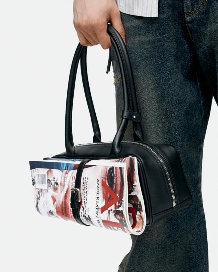 Andersson Bell Rectangular Black Shoulder Bag With Abstract Fold-Over Flap