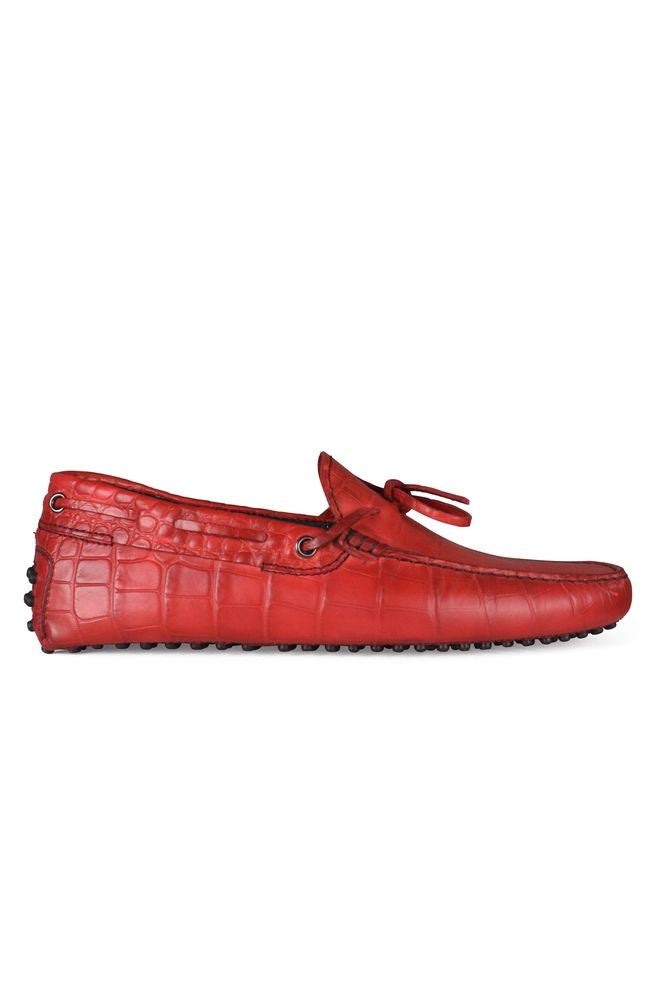 Tod's Red Leather Crocodile Effect Loafers With Laces