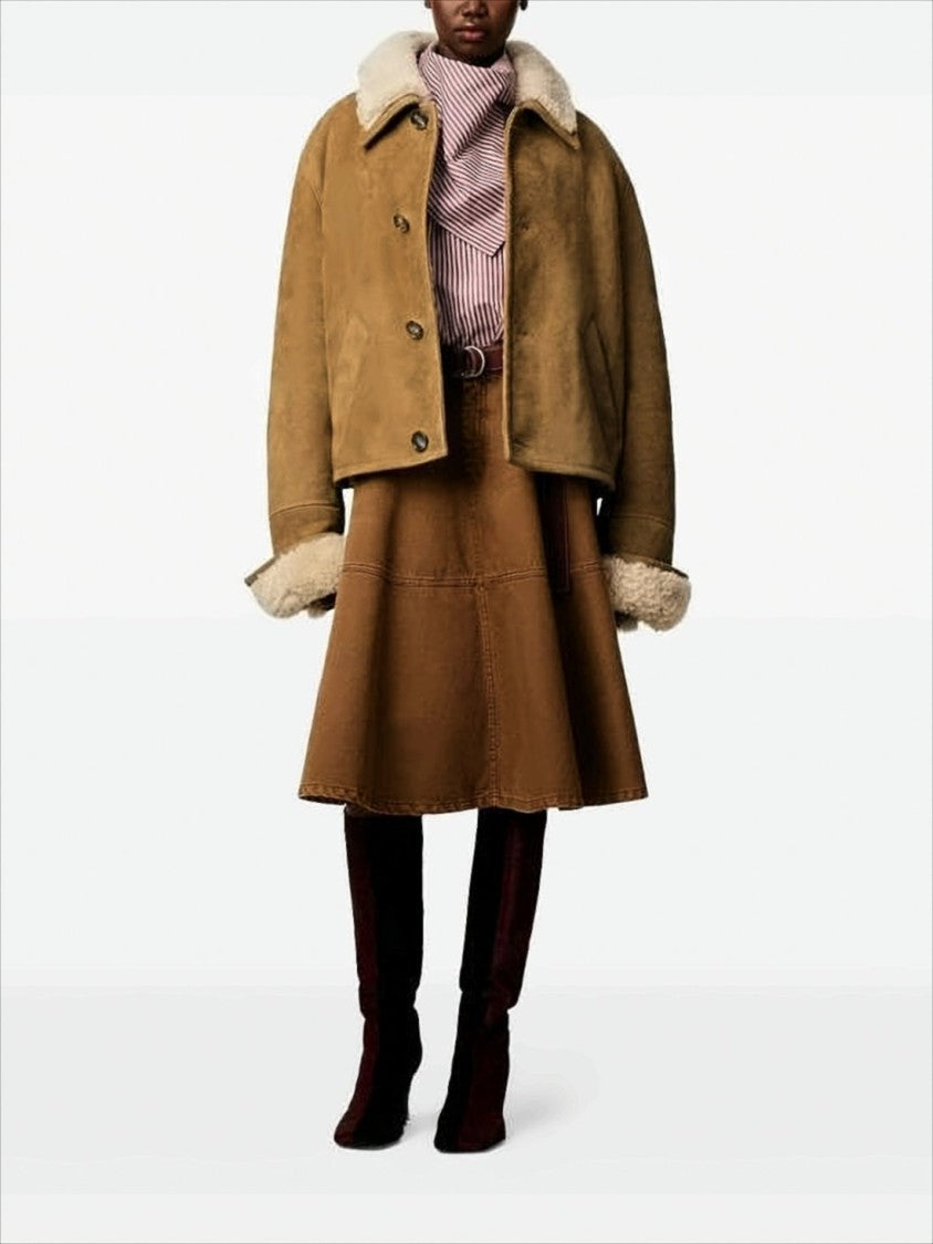 Ami Paris Cropped Lambskin Jacket With Shearling Collar And Cuffs