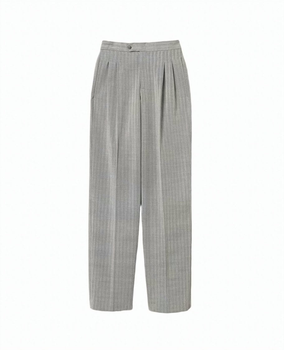 Twin-Set Gray Pinstripe Wool-Blend Overlapping Waistband Straight-Leg Pants