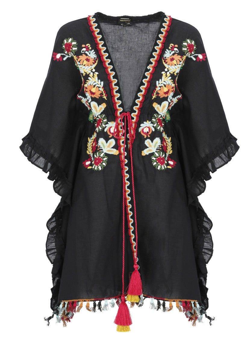 Miss Bikini Black Floral Embroidered Cotton Poncho