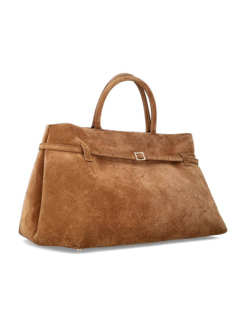 Manu Atelier Spacious Caramel Suede Handbag With Magnetic Closure And Zip Pocket
