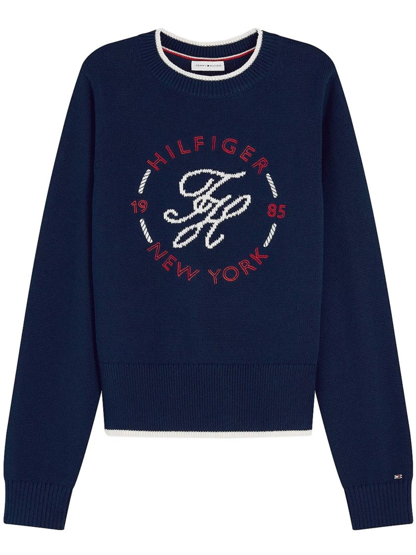 Tommy Hilfiger Navy Blue Knit Embroidered Crewneck Sweater