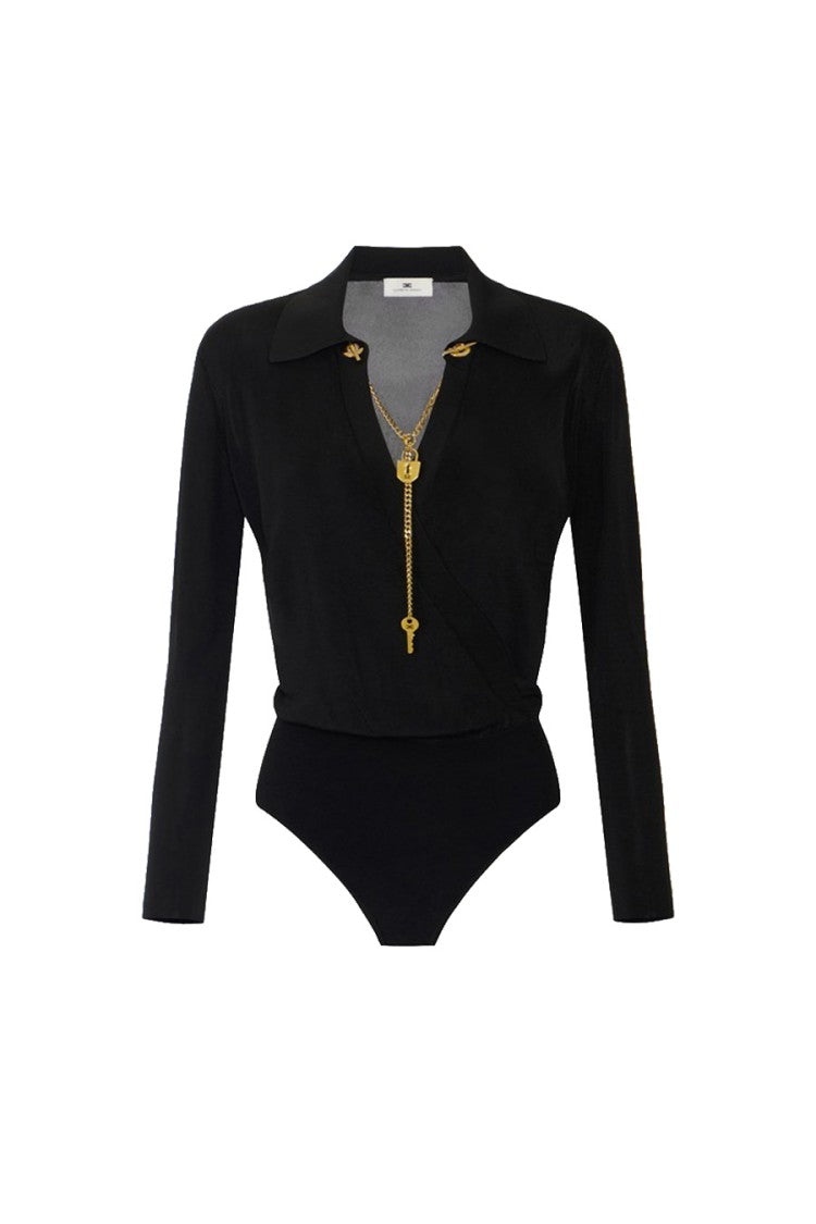 Elisabetta Franchi Black Sheer Key-Charm Necklace Viscose-Blend Bodysuit