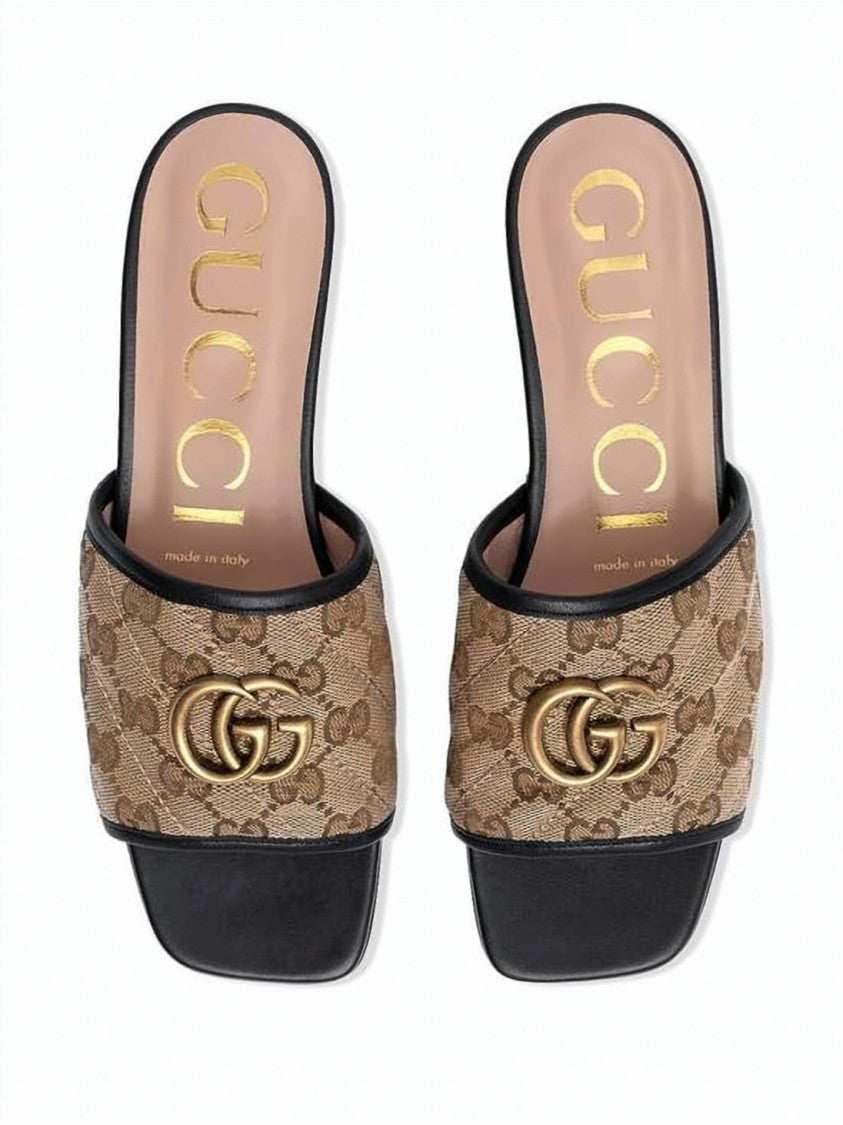 Gucci Beige Monogram Canvas Slip-On Mules With Gold-Tone Logo