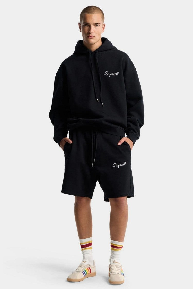 Dsquared2 Black Drawstring Waist Script Logo Cotton Shorts