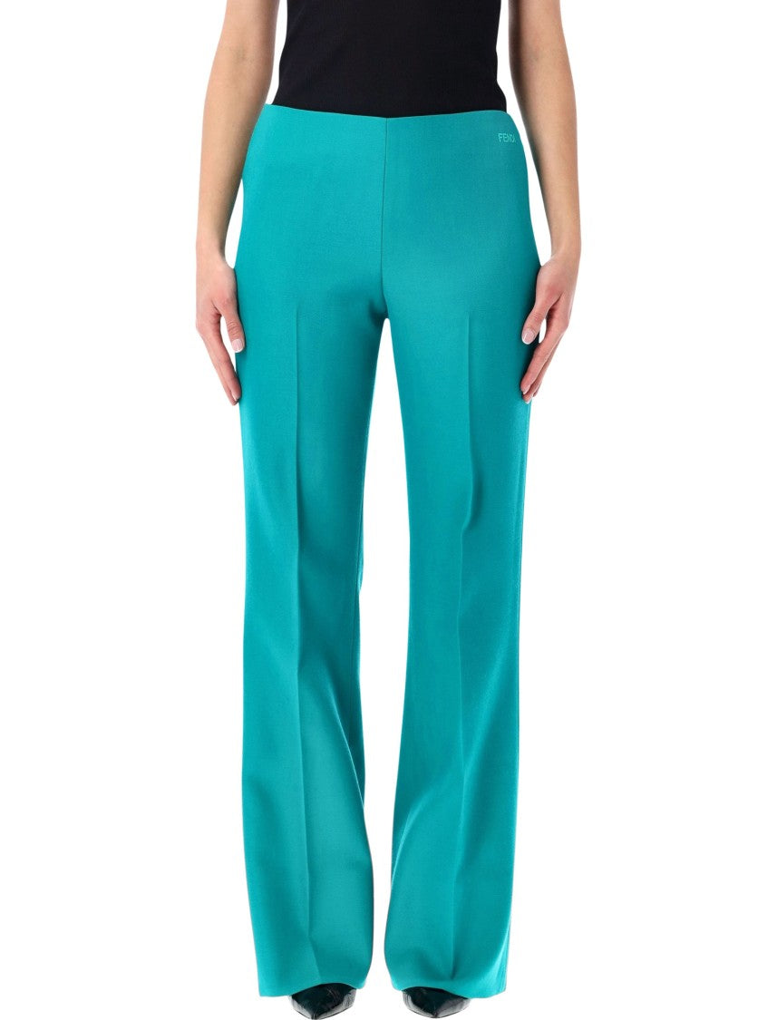 Fendi Turquoise Wool Flared Trousers With Tailored Design