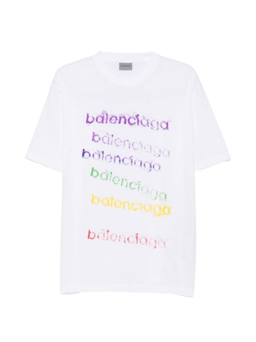 Balenciaga White Oversized T-Shirt With Multicolored Distressed Print