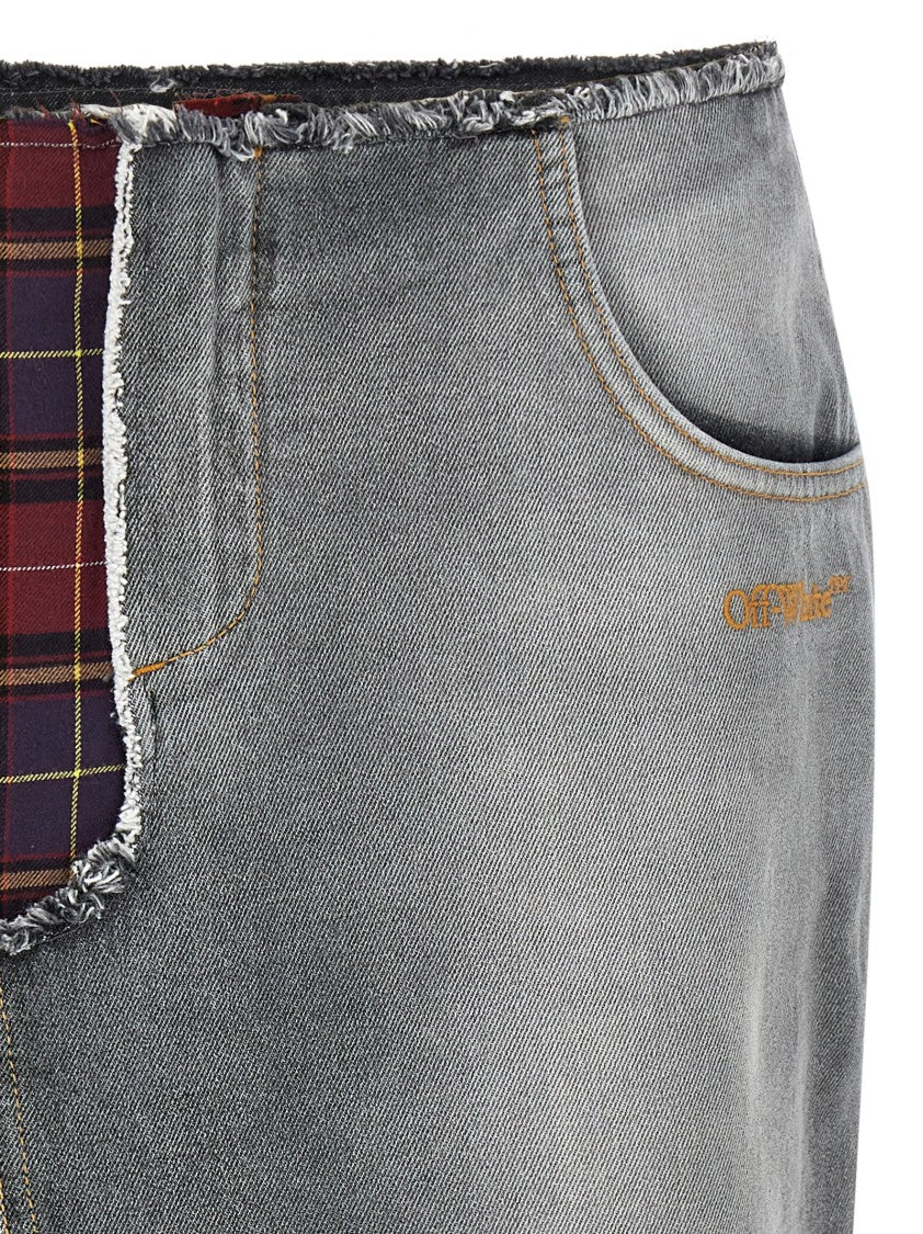 Off-White Patchwork Midi Skirt With Stonewashed Cotton Front And Checked Back Panel