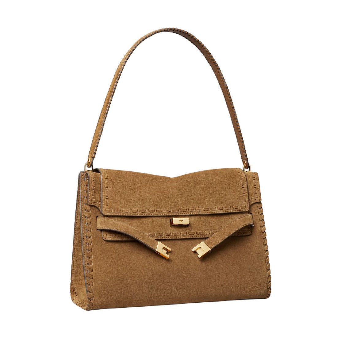 Tory Burch Structured Suede Leather Bag With Buckle Closure