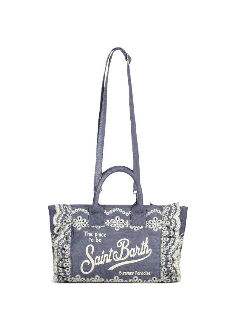 Mc2 Saint Barth Rectangular Blue Tote Bag With Lace-Embroidered Edges