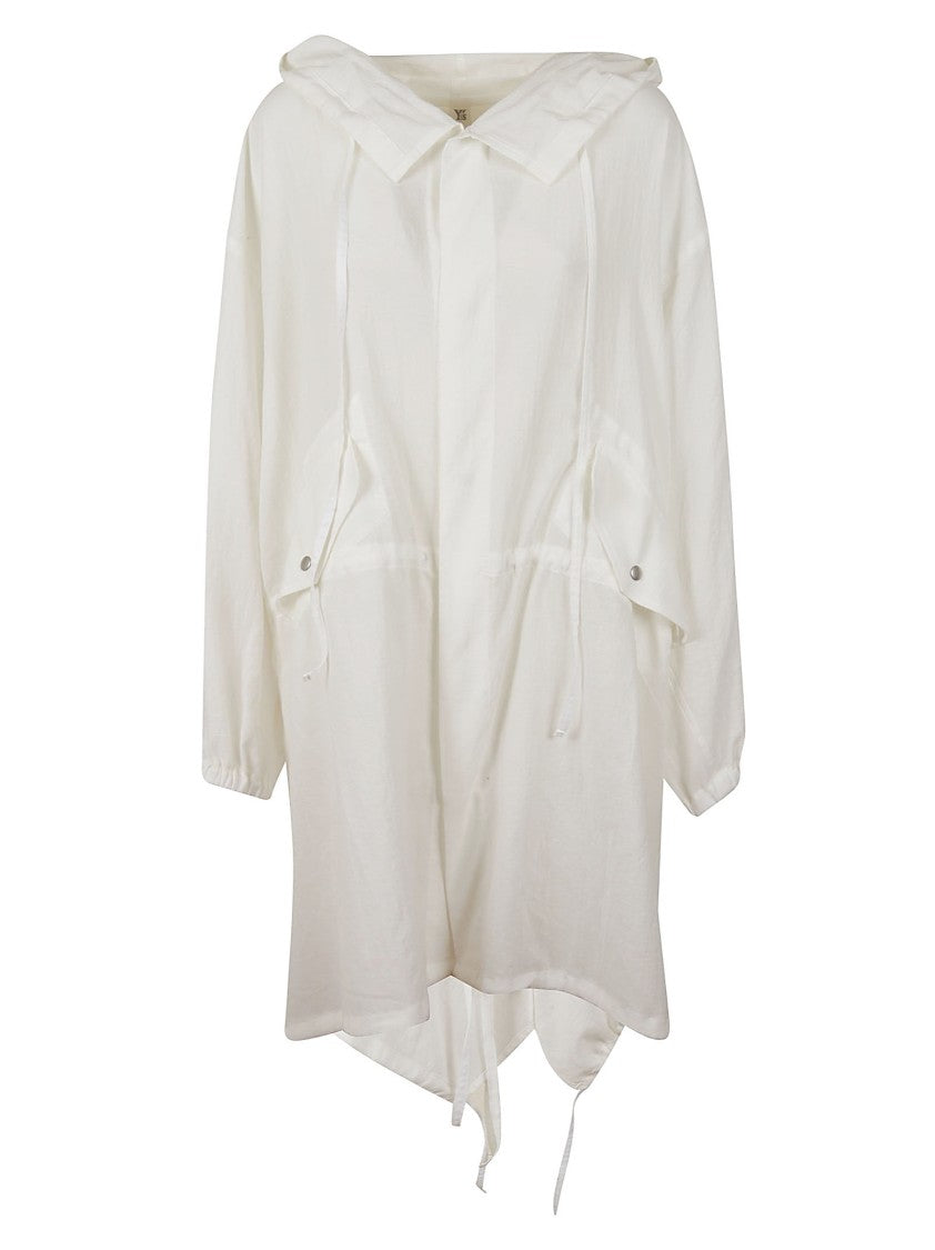 Yohji Yamamoto White Cotton Duster Coat With Drawstring Hood