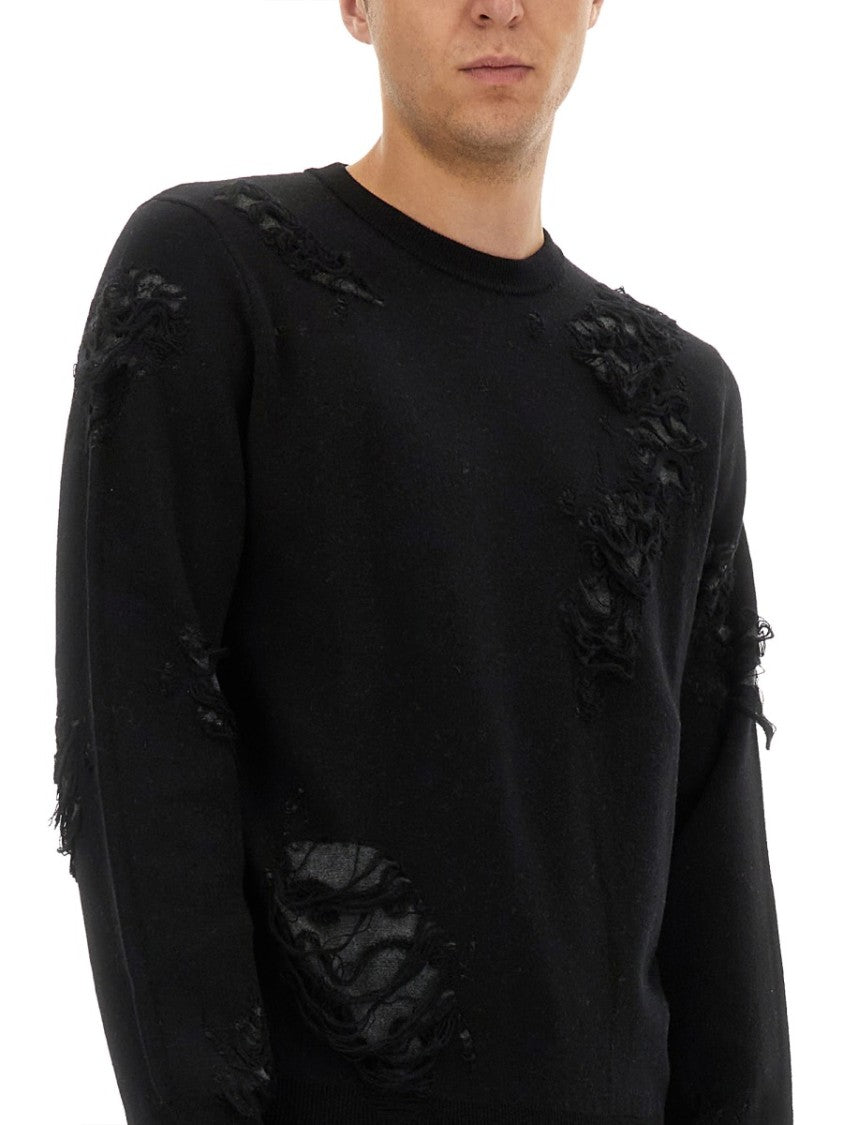Mm6 By Maison Margiela Textured Black Wool Sweater With Relaxed Fit