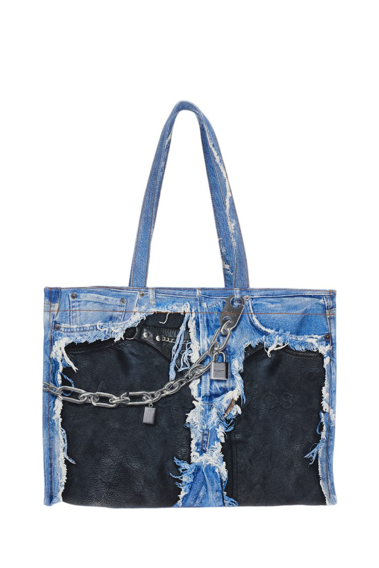 Acne Studios Distressed Denim Frayed Chain Accent Tote Bag