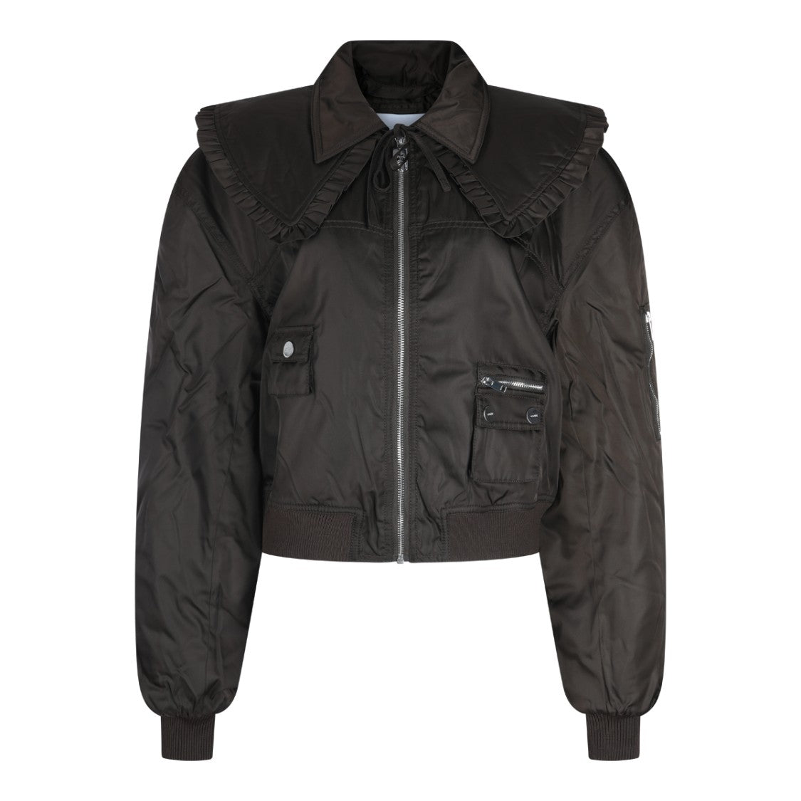 Ganni Cropped Jacket With Ruffled Collar
