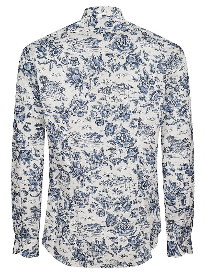 Xacus All-Over Floral Print White Shirt With French Collar