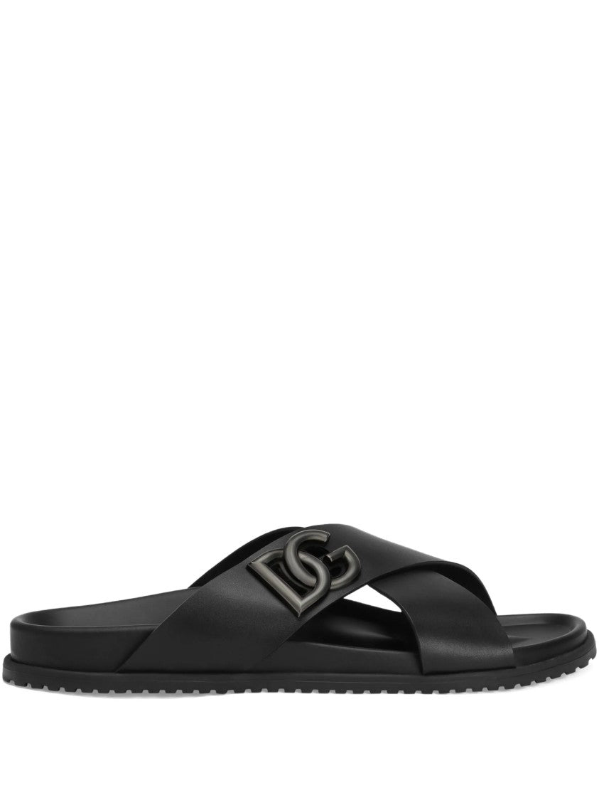 Dolce & Gabbana Black Leather Crisscross Strap Logo Sandals