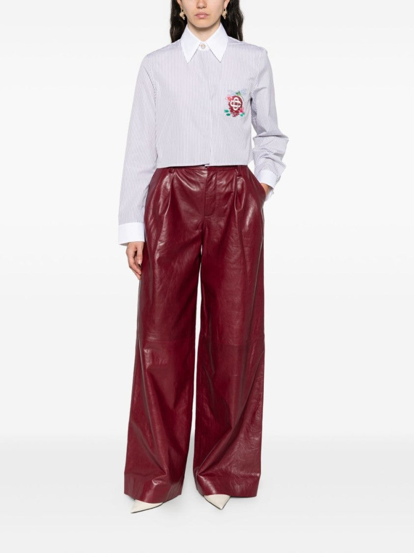 Casablanca Cropped Long-Sleeved Striped Shirt With Floral Embroidery