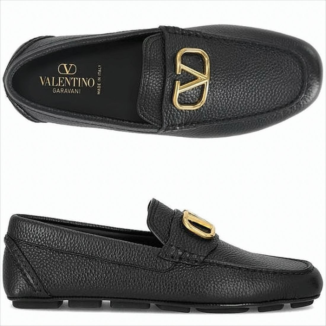 Valentino Garavani Textured Calf Leather Loafers With Gold-Tone Logo