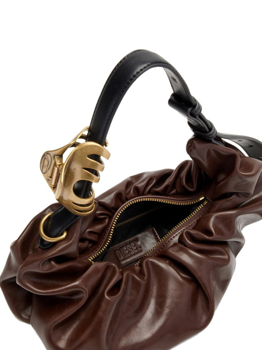 Diesel Ruched Brown Silk And Nylon Bag With Gold Hardware Accents