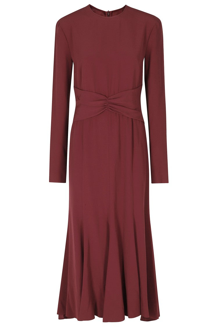 Alberta Ferretti Red Enver Satin Draped Waistband Long Sleeve Viscose Dress