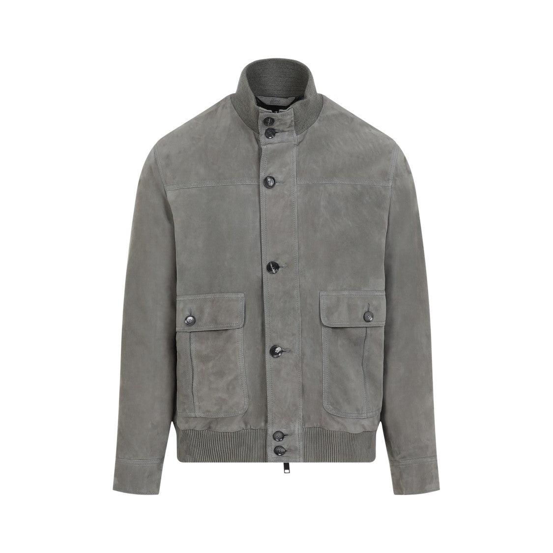 Brioni Green Loden Suede Leather Jacket With Ribbed Collar