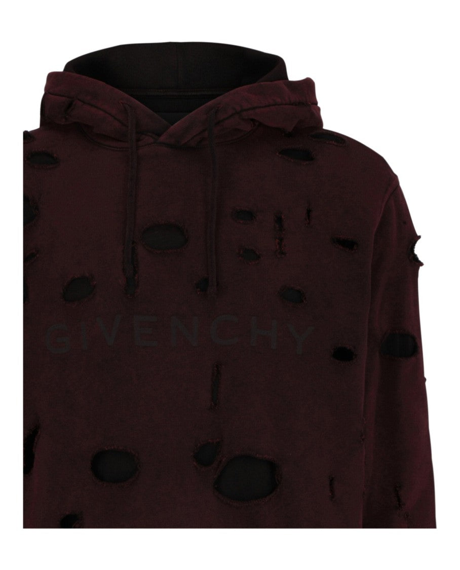 Givenchy Burgundy Two-Layer Distressed Hoodie With Graphic Logo