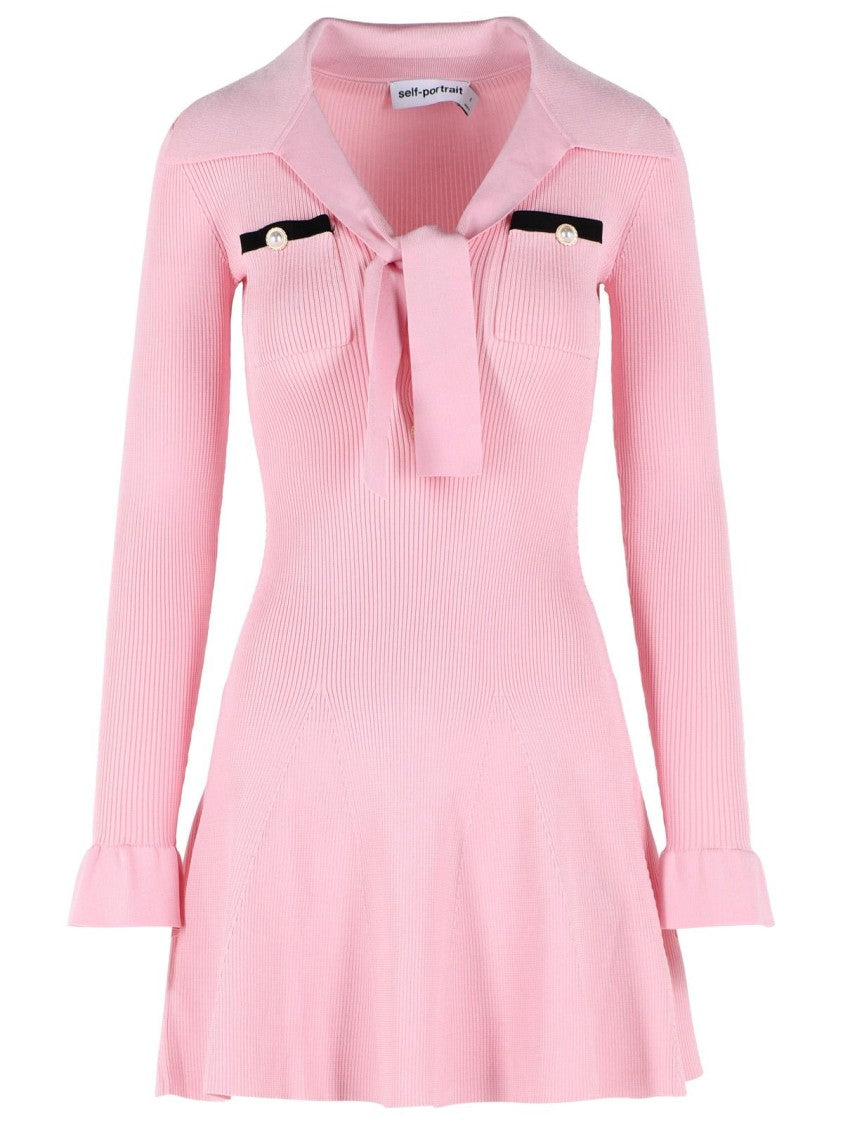 Self-Portrait Viscose Knit Mini Dress With Pink Laces