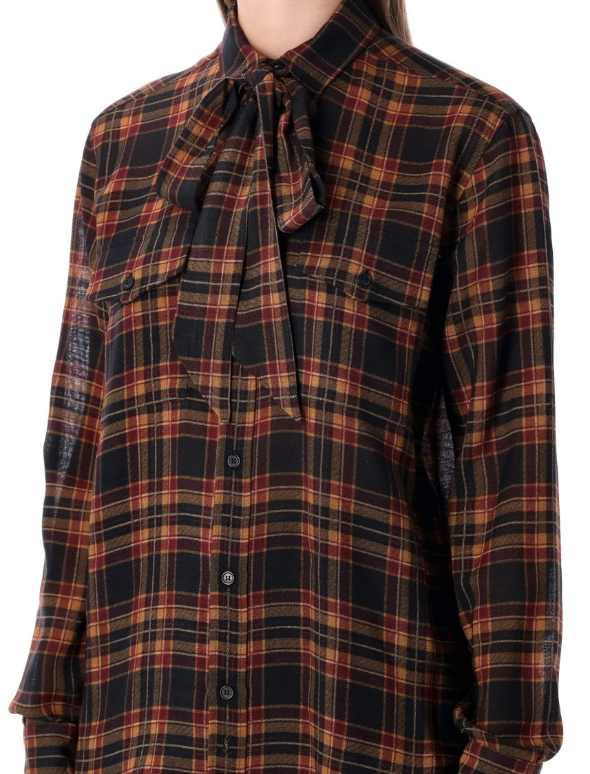 Saint Laurent Checked Wool Shirt With Lavallière Bow