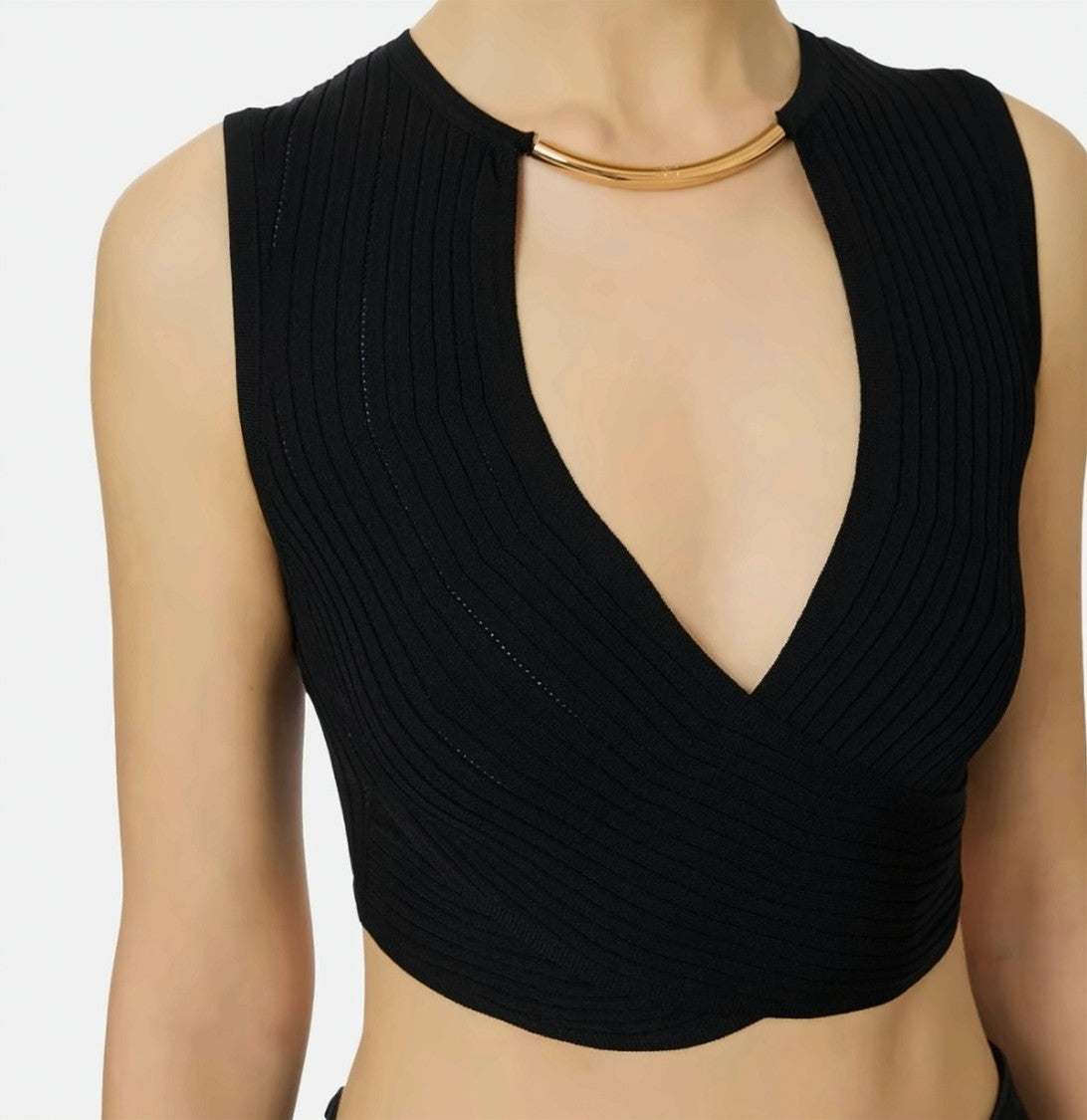 Elisabetta Franchi Sleeveless Perforated Ribbed Knitted Jewel Top